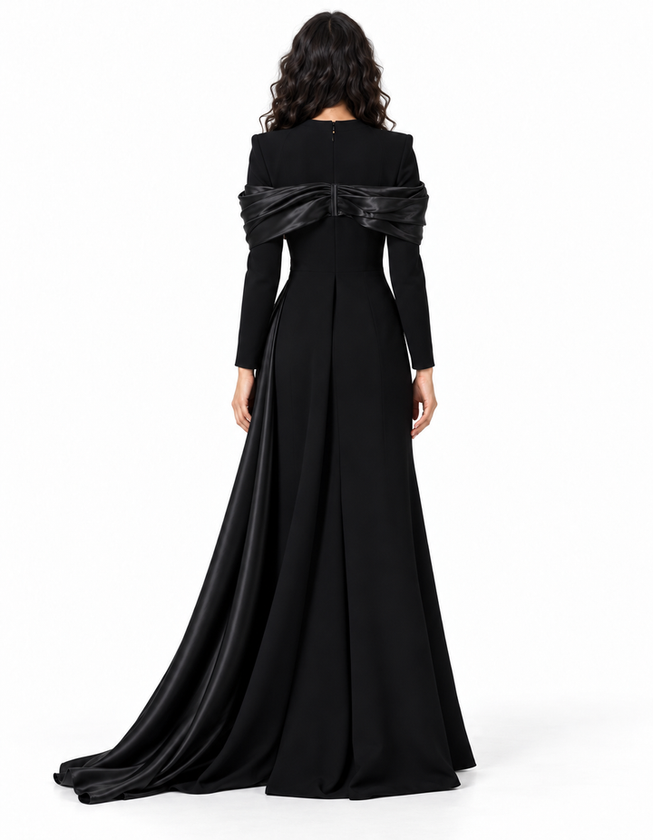 Black Crystal Embellished Draped Cape Maxi Dress - Alessia