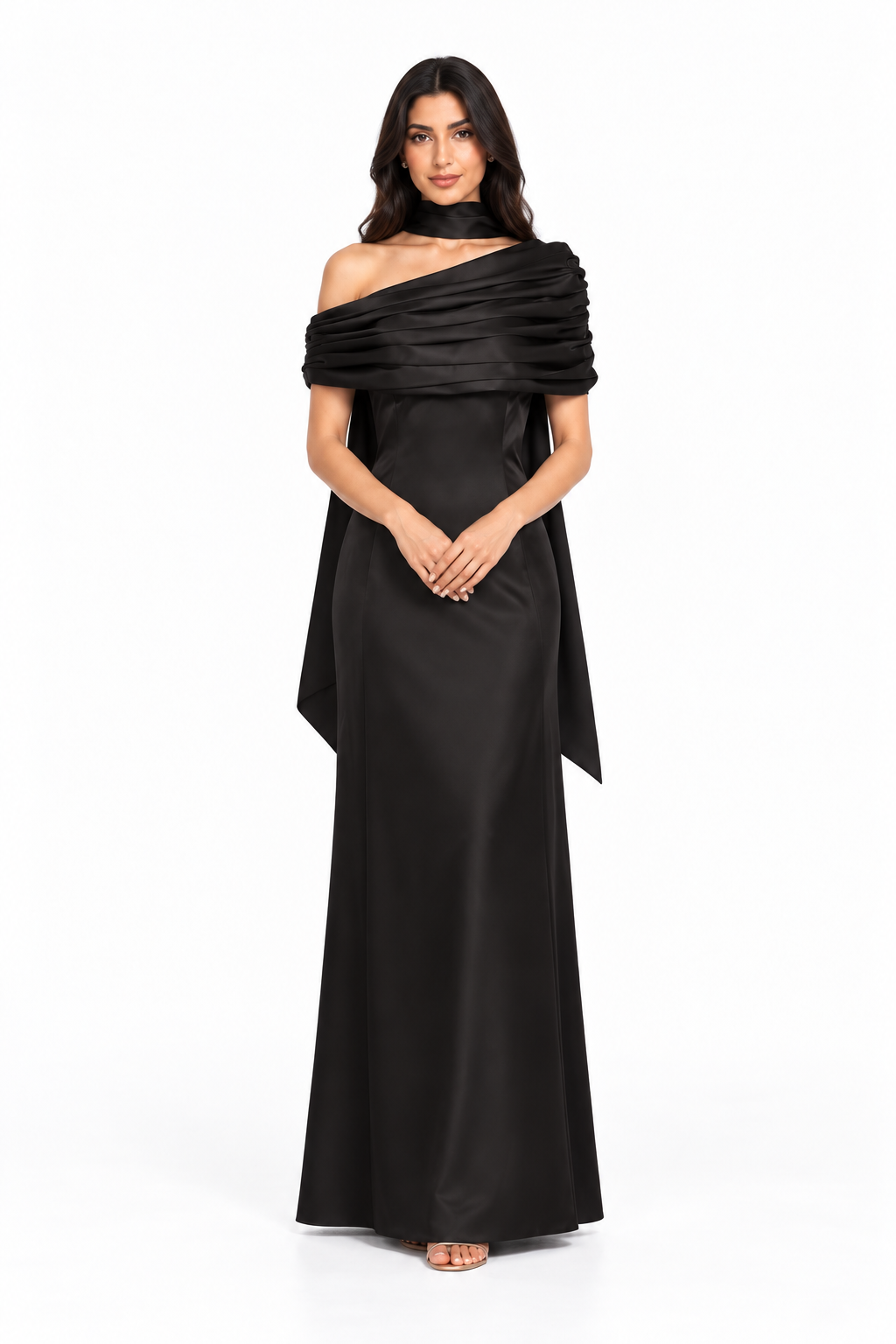 Draped Off-Shoulder Satin Evening Gown - Meravelle