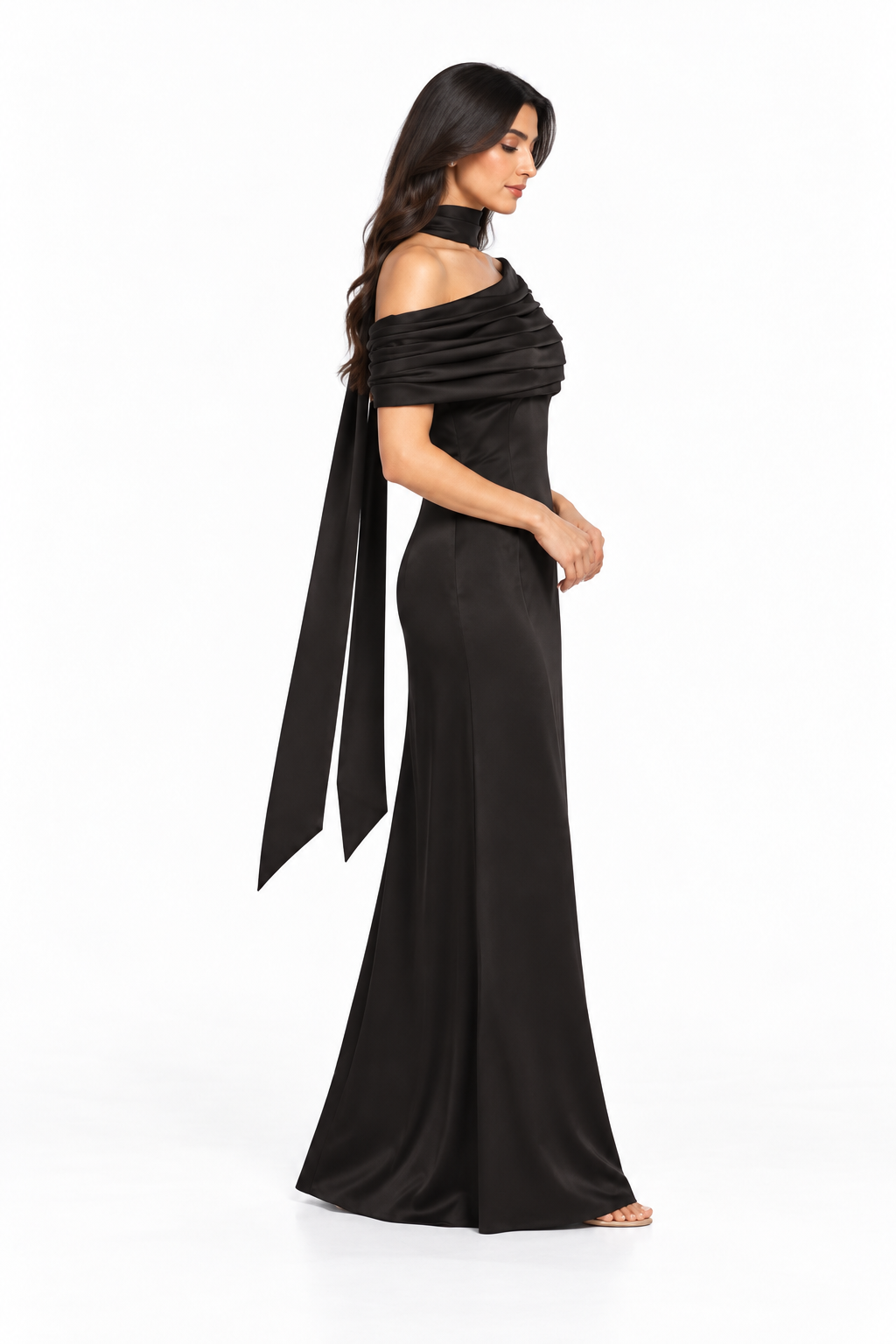 Draped Off-Shoulder Satin Evening Gown - Meravelle