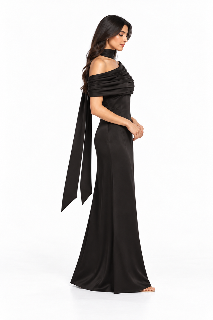 Draped Off-Shoulder Satin Evening Gown - Meravelle