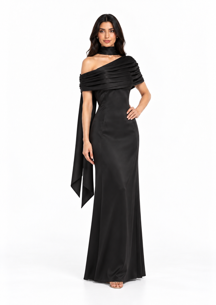 Draped Off-Shoulder Satin Evening Gown - Meravelle