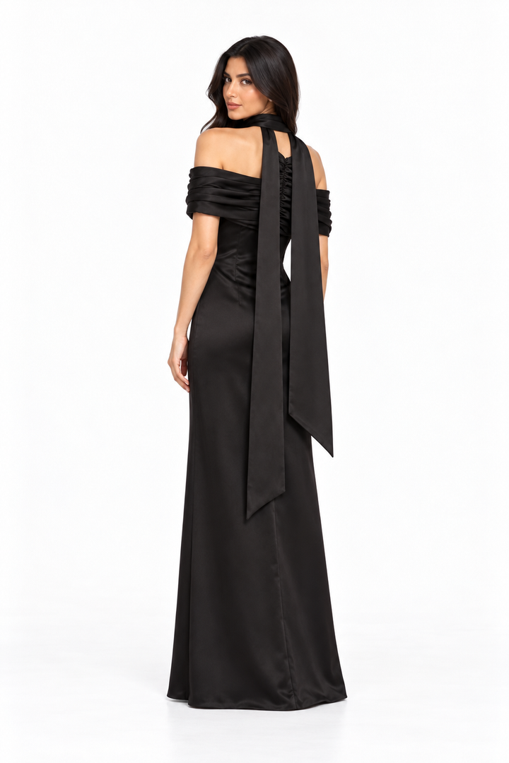 Draped Off-Shoulder Satin Evening Gown - Meravelle