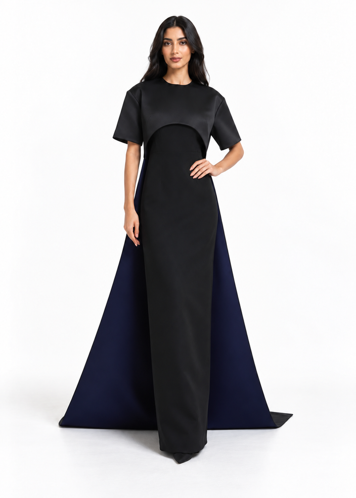 Black Short Sleeve Cape Maxi Dress - Onyx