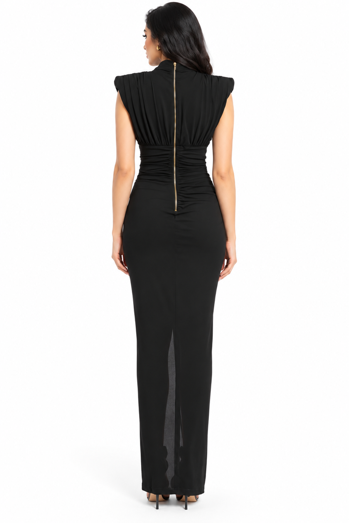 Black Draped Slit Gown -Noctelle