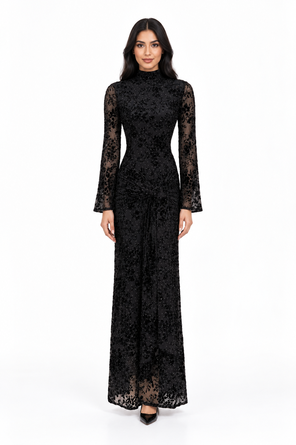 Embellished High-Neck Velvet Evening Gown - Noirevia