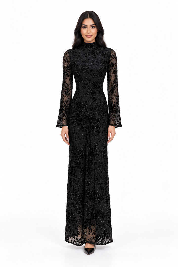 Embellished High-Neck Velvet Evening Gown - Noirevia