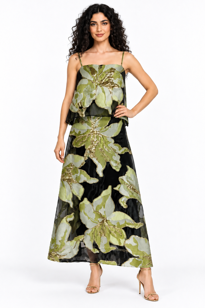 Floral Jacquard Layered Midi Dress - Viridelle