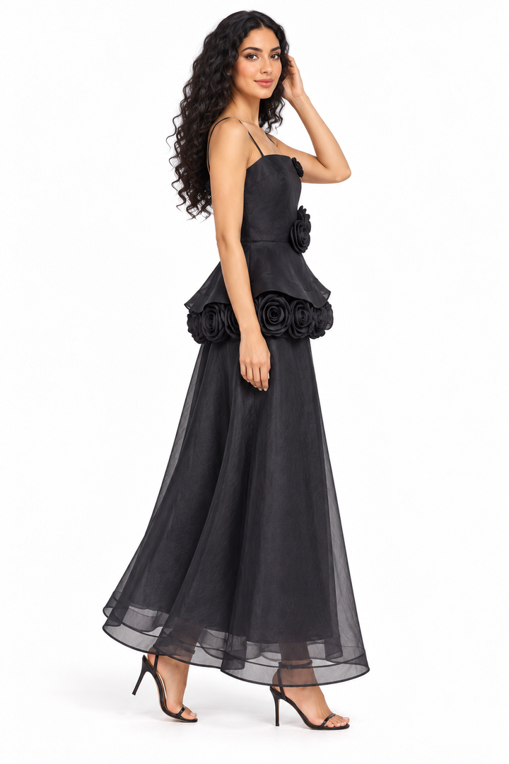 Floral Rosette Peplum Evening Gown - Rosamira