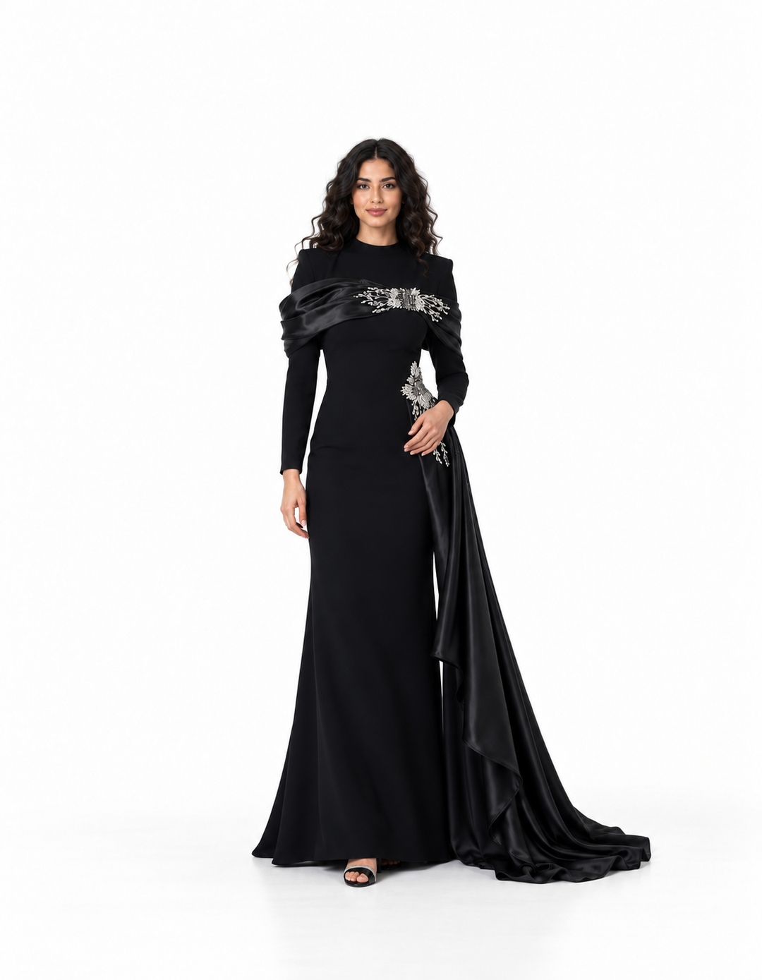 Black Crystal Embellished Draped Cape Maxi Dress - Alessia