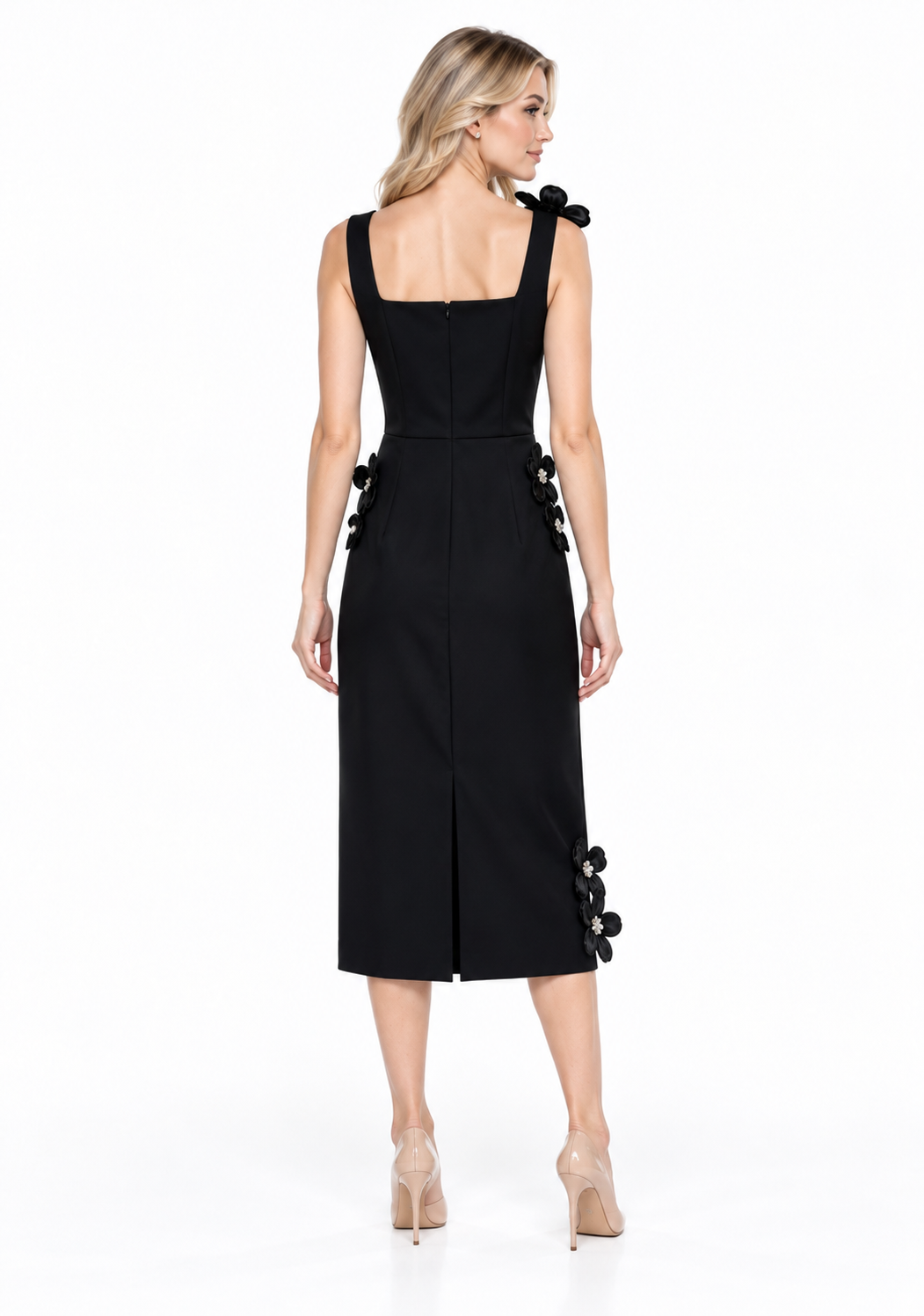 Floral Appliqué Square-Neck Midi Dress - Petalune