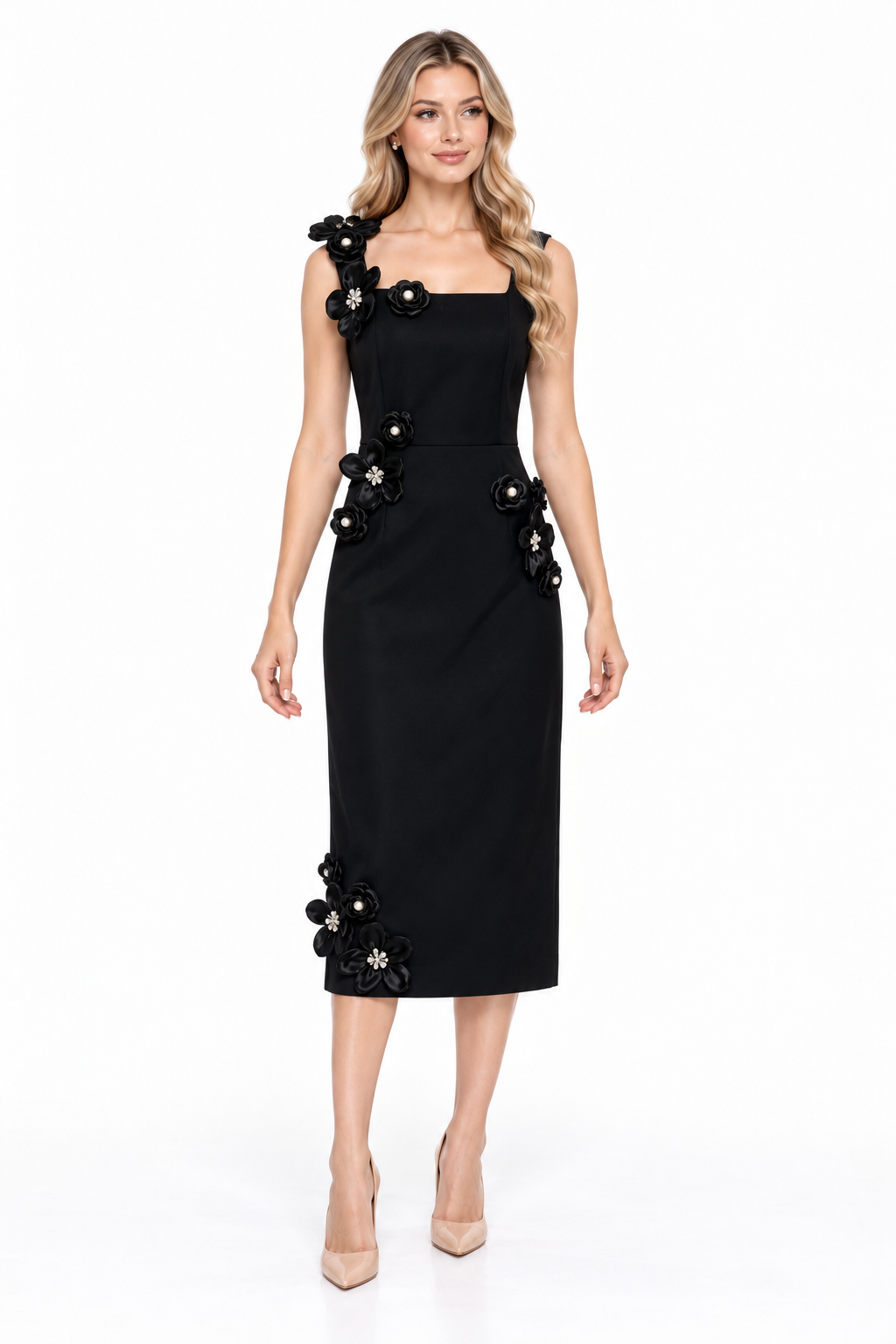 Floral Appliqué Square-Neck Midi Dress - Petalune