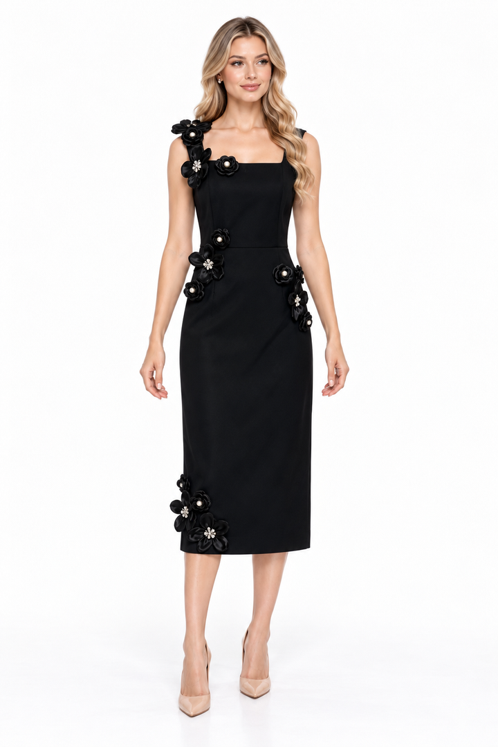 Floral Appliqué Square-Neck Midi Dress - Petalune