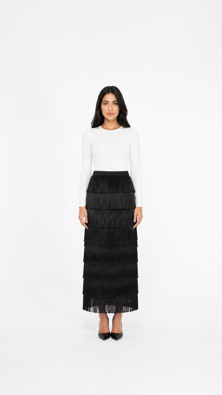 Black Tiered Fringe Maxi Skirt – FREVIA