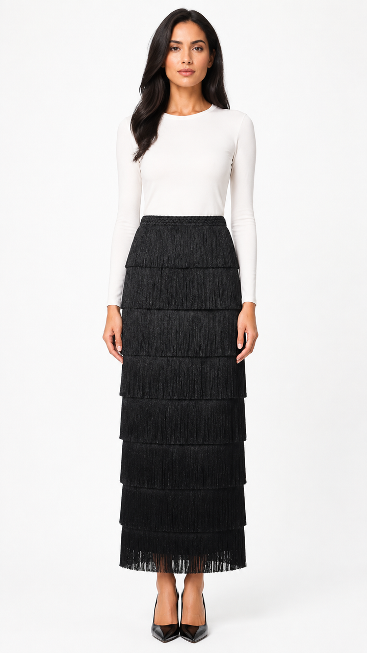 Black Tiered Fringe Maxi Skirt – FREVIA