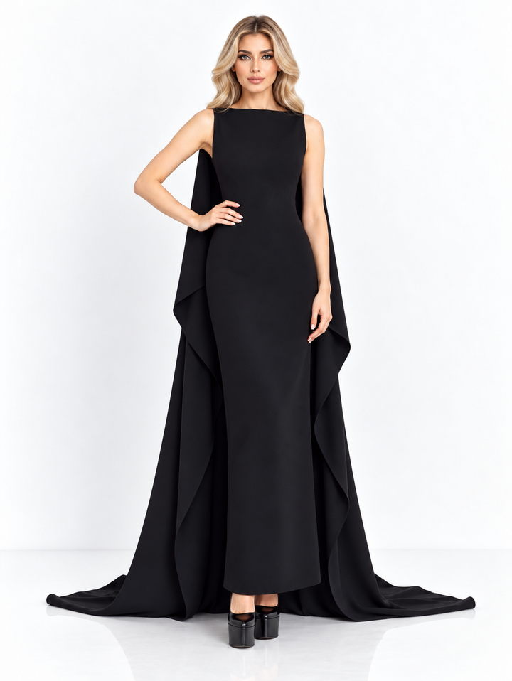 Black Sleeveless Cape Midi Dress - Elara