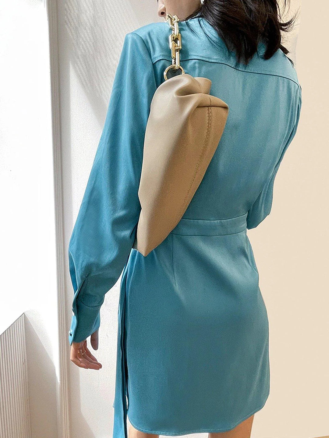 satin wrap shirt dress with utility pockets – IRIS