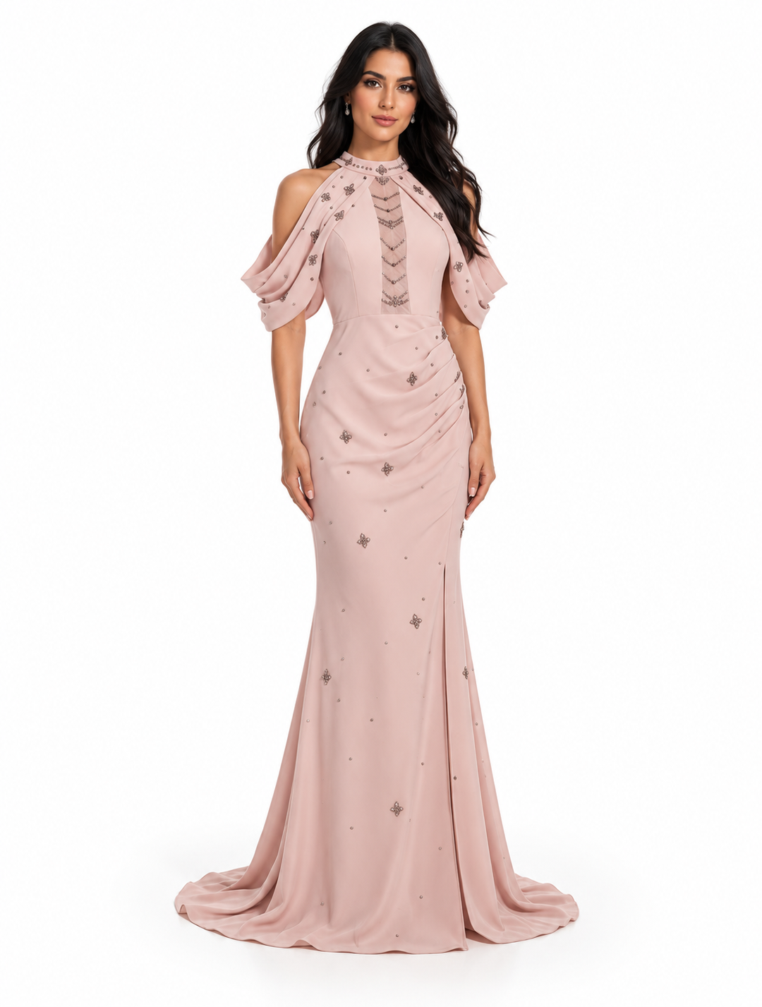 Blush Pink Embellished Cold-Shoulder Mermaid Maxi Dress - Seraphina