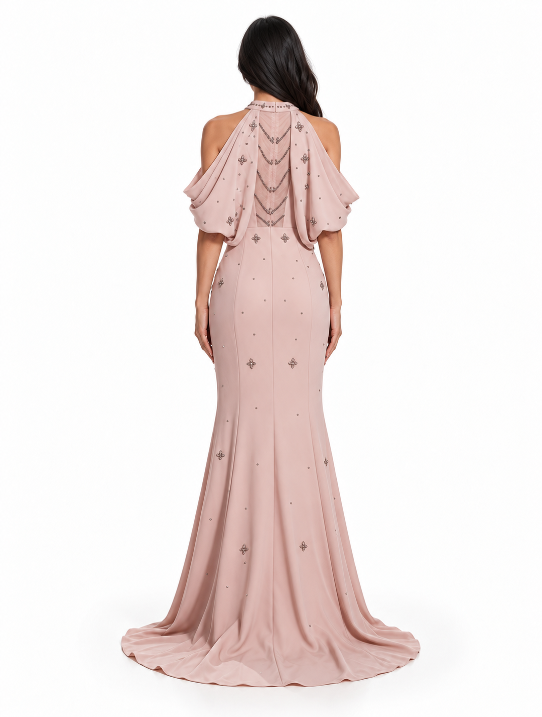 Blush Pink Embellished Cold-Shoulder Mermaid Maxi Dress - Seraphina