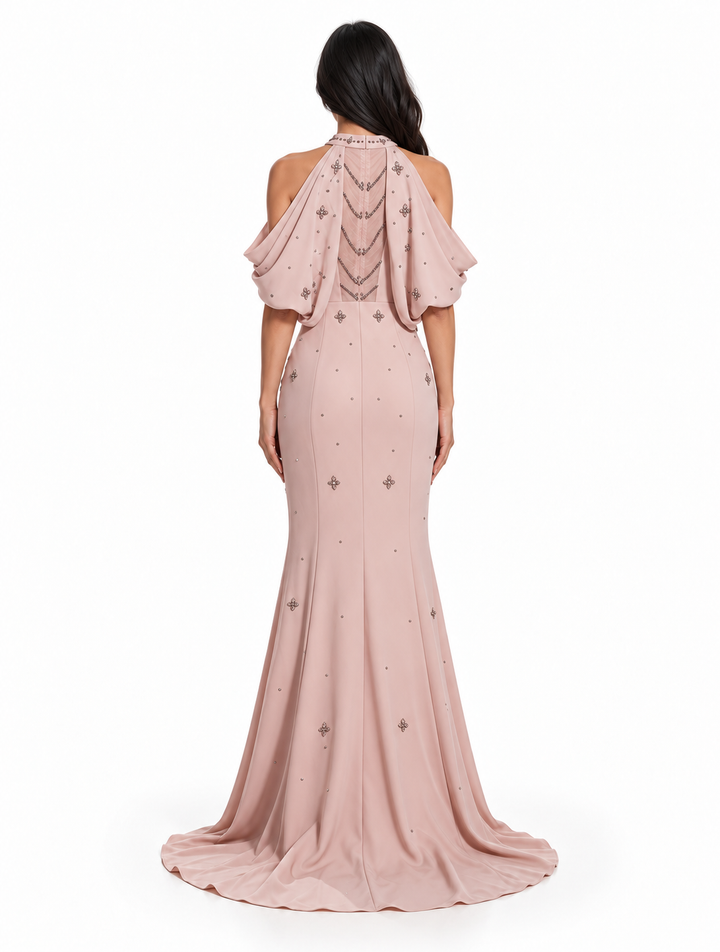 Blush Pink Embellished Cold-Shoulder Mermaid Maxi Dress - Seraphina