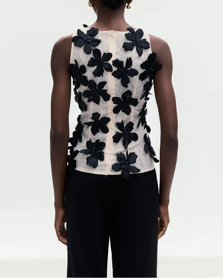 sleeveless mesh top with 3D floral appliqués – AMORAPI