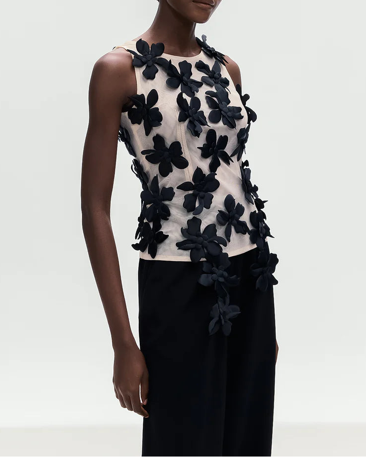 sleeveless mesh top with 3D floral appliqués – AMORAPI
