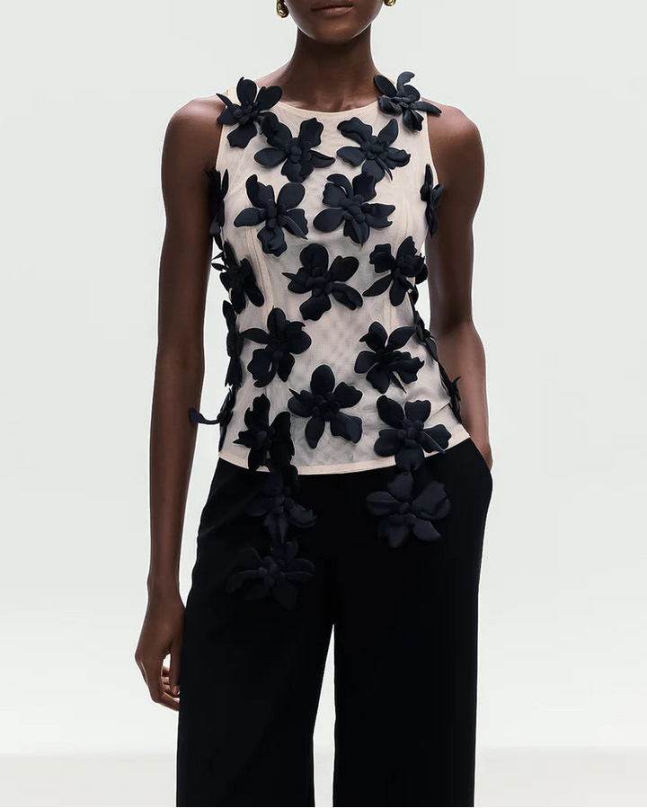 sleeveless mesh top with 3D floral appliqués – AMORAPI