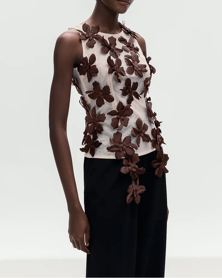 sleeveless mesh top with 3D floral appliqués – AMORAPI