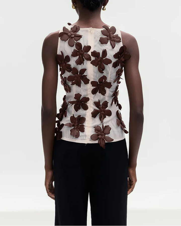 sleeveless mesh top with 3D floral appliqués – AMORAPI
