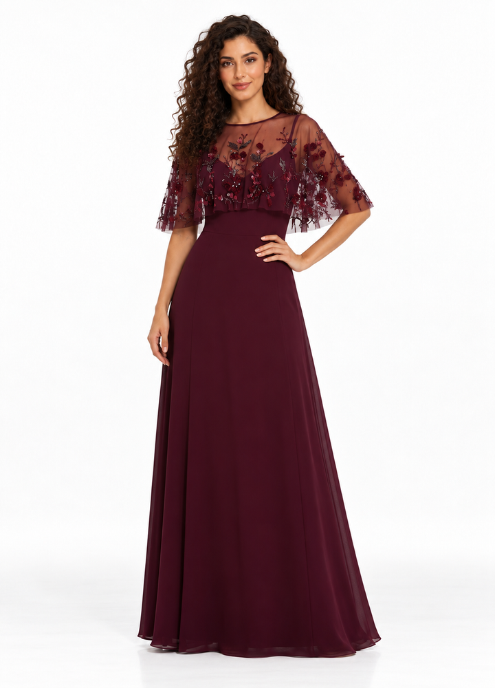 Burgundy Embellished Cape Gown -Marovelle