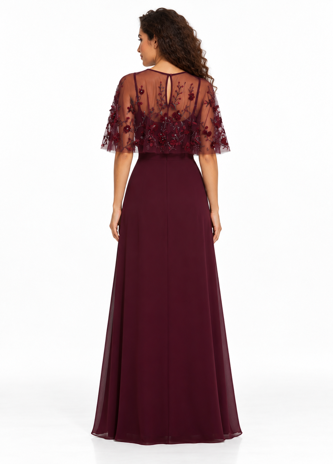 Burgundy Embellished Cape Gown -Marovelle