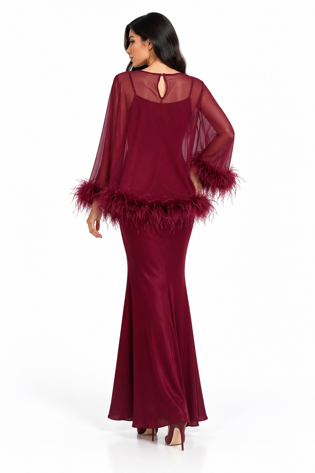 Feather Trim Sheer Overlay Evening Gown - Noirissa