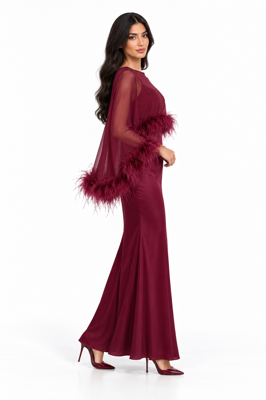 Feather Trim Sheer Overlay Evening Gown - Noirissa
