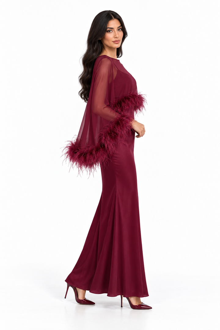 Feather Trim Sheer Overlay Evening Gown - Noirissa