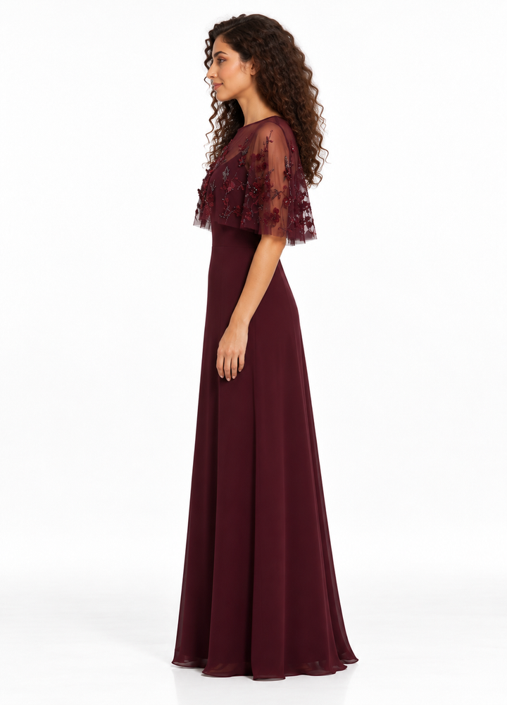 Burgundy Embellished Cape Gown -Marovelle