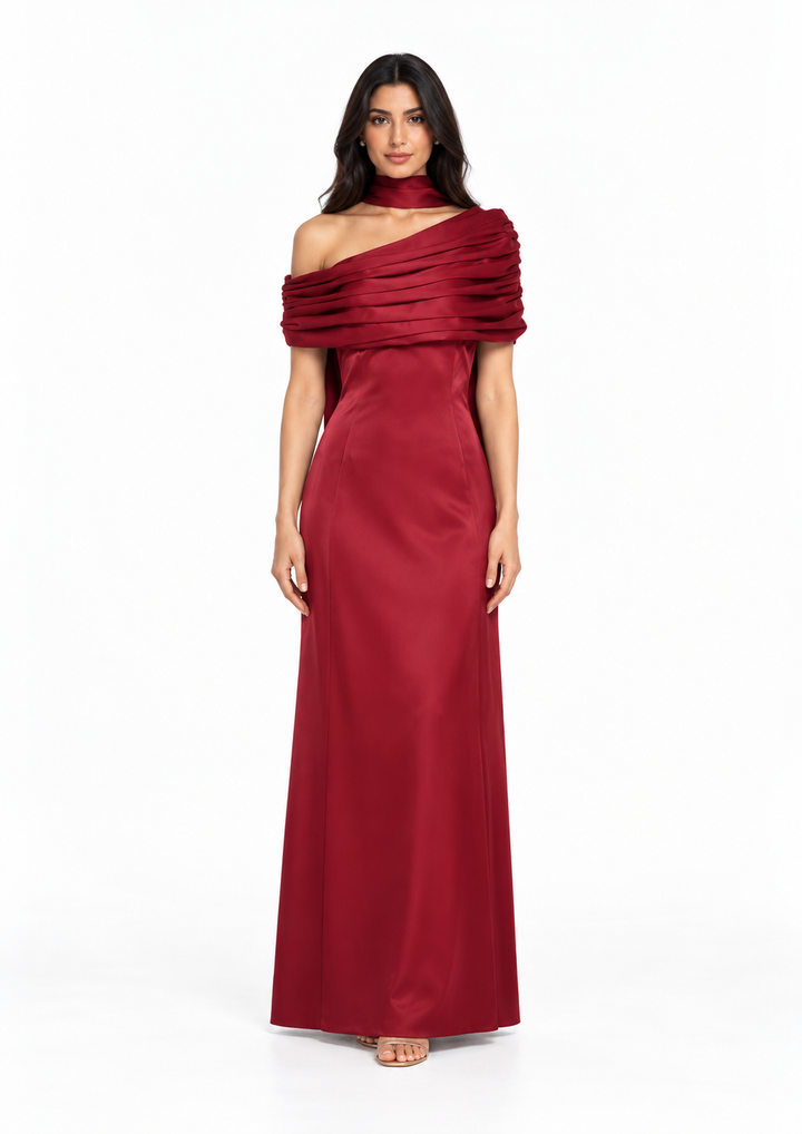 Draped Off-Shoulder Satin Evening Gown - Meravelle