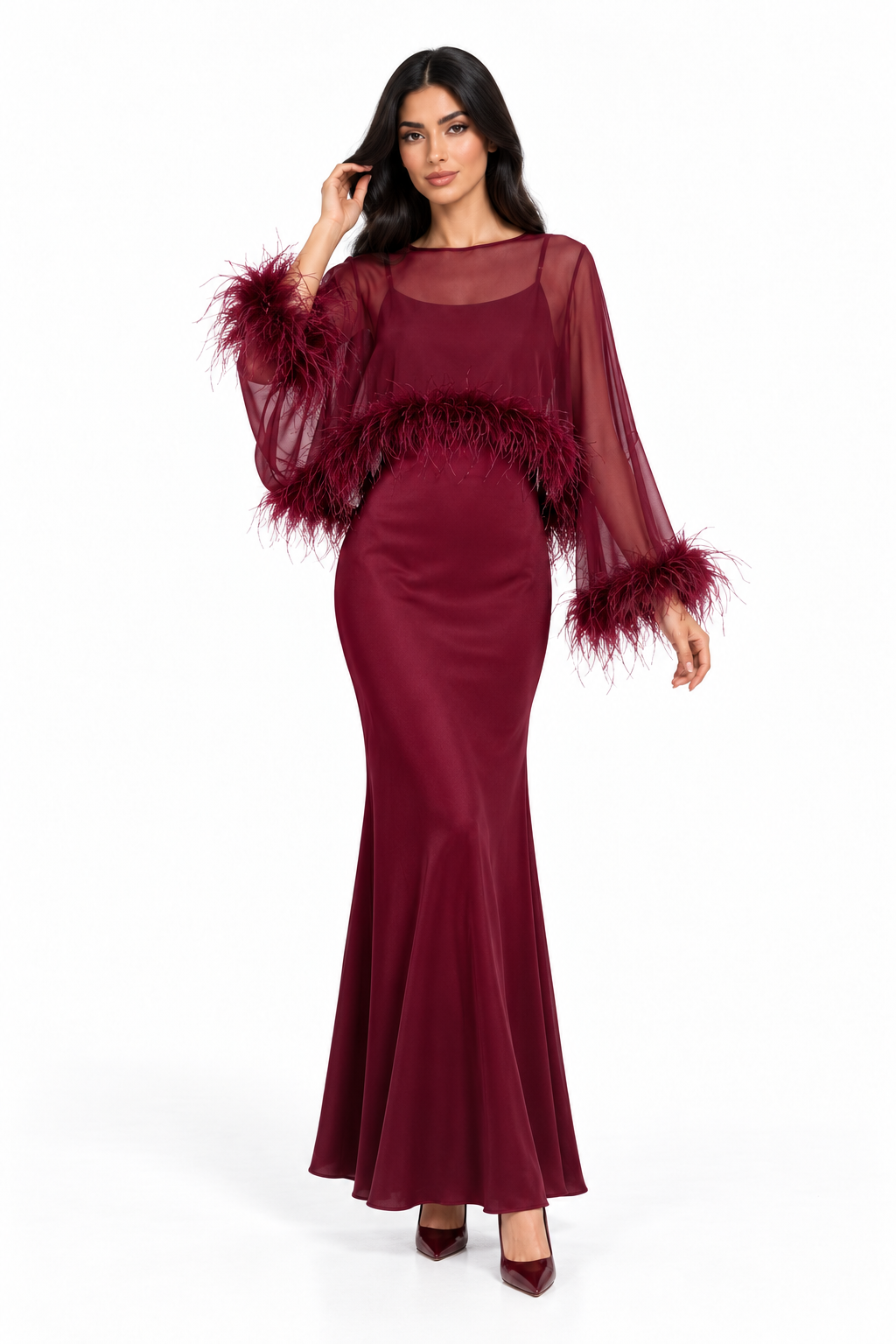 Feather Trim Sheer Overlay Evening Gown - Noirissa