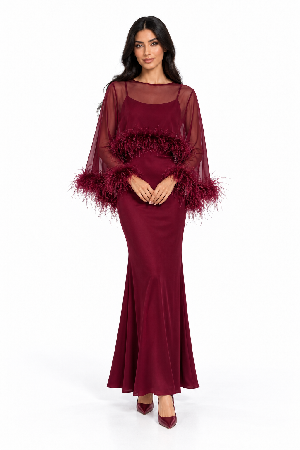 Feather Trim Sheer Overlay Evening Gown - Noirissa