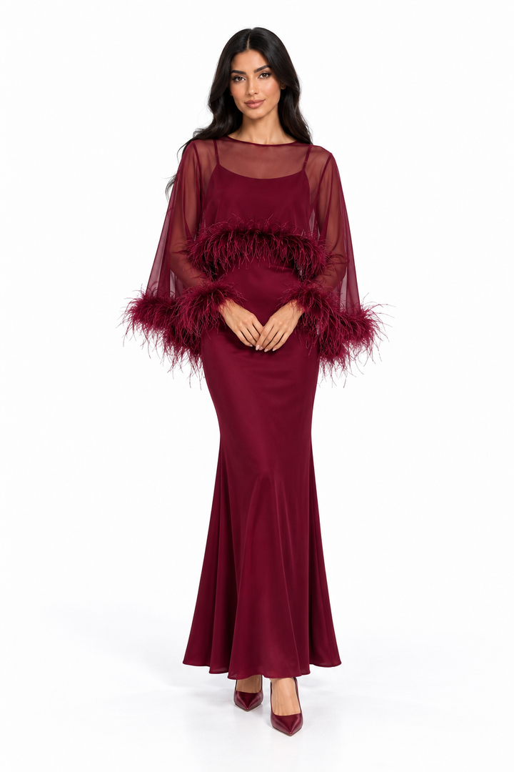 Feather Trim Sheer Overlay Evening Gown - Noirissa
