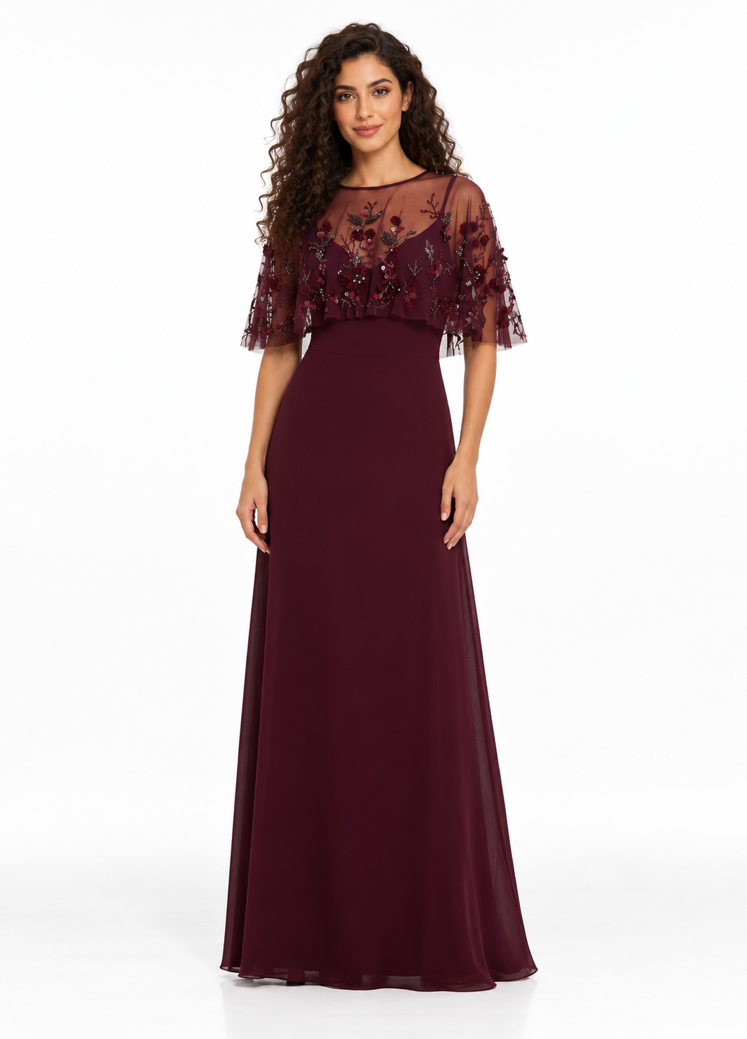 Burgundy Embellished Cape Gown -Marovelle