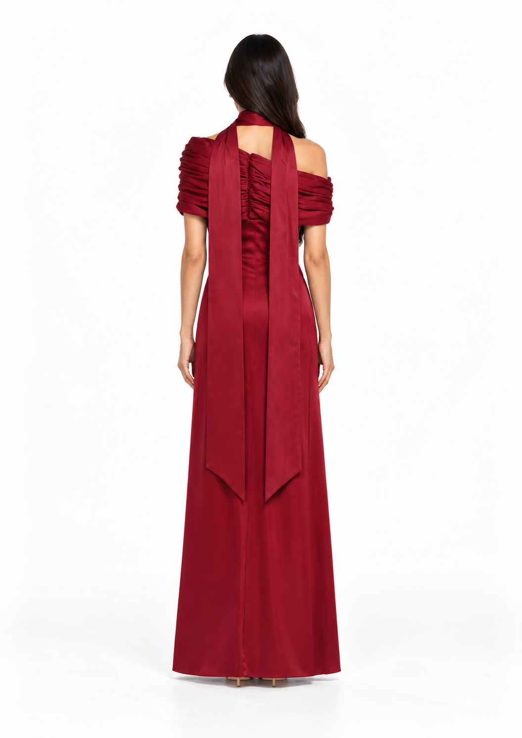 Draped Off-Shoulder Satin Evening Gown - Meravelle