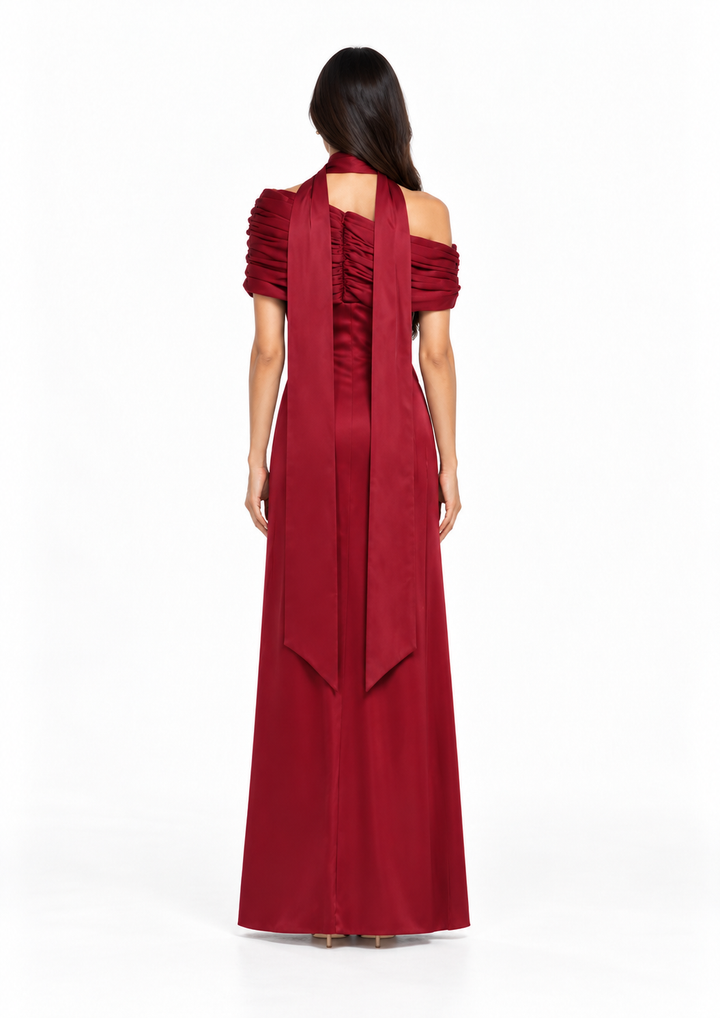 Draped Off-Shoulder Satin Evening Gown - Meravelle