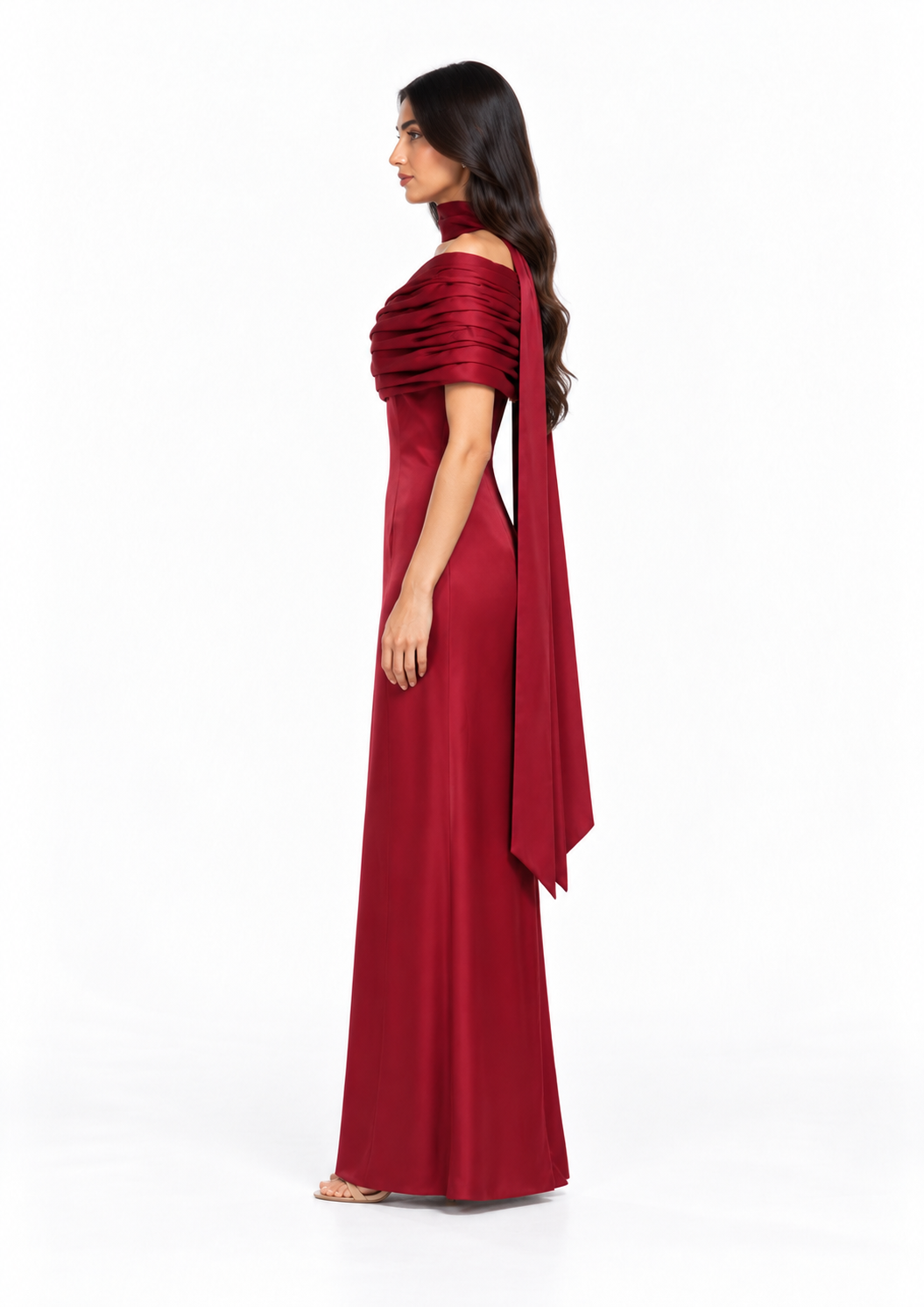 Draped Off-Shoulder Satin Evening Gown - Meravelle
