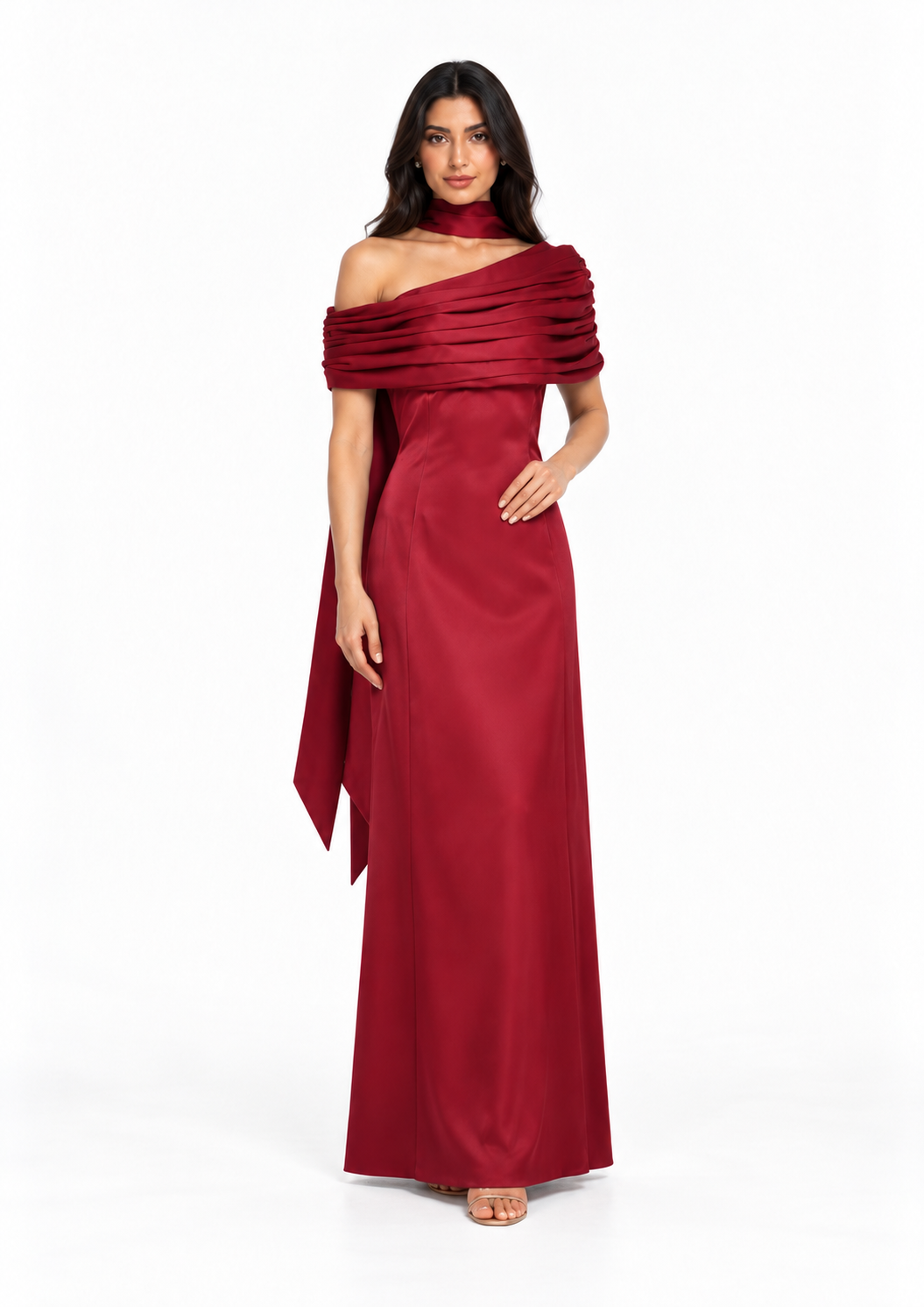 Draped Off-Shoulder Satin Evening Gown - Meravelle