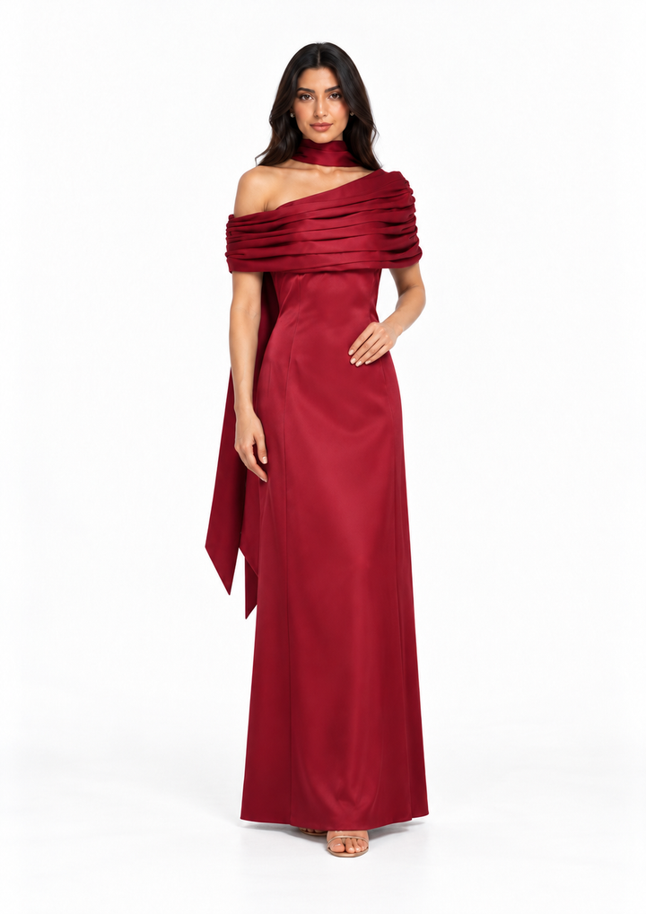 Draped Off-Shoulder Satin Evening Gown - Meravelle