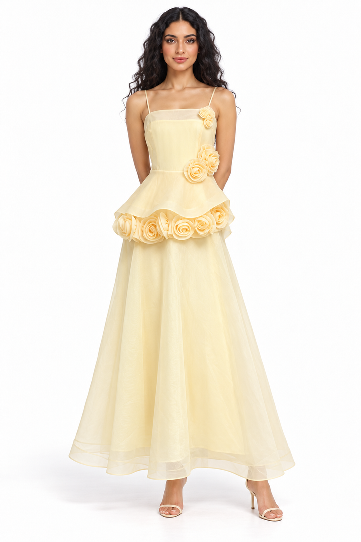Floral Rosette Peplum Evening Gown - Rosamira