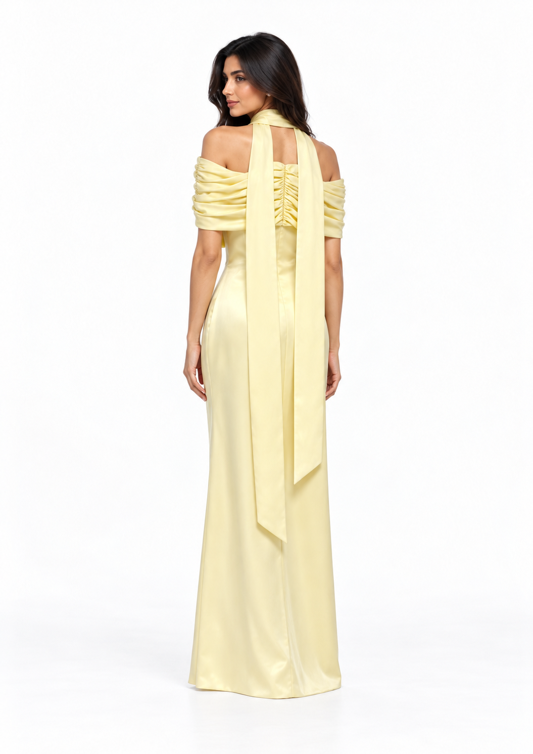 Draped Off-Shoulder Satin Evening Gown - Meravelle
