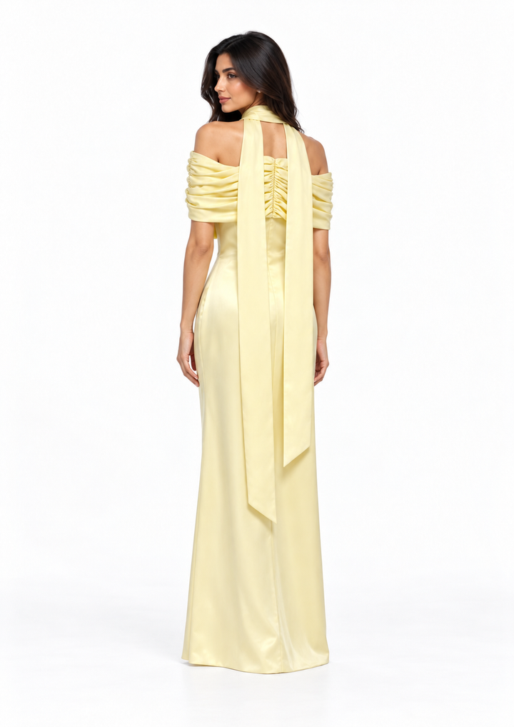 Draped Off-Shoulder Satin Evening Gown - Meravelle