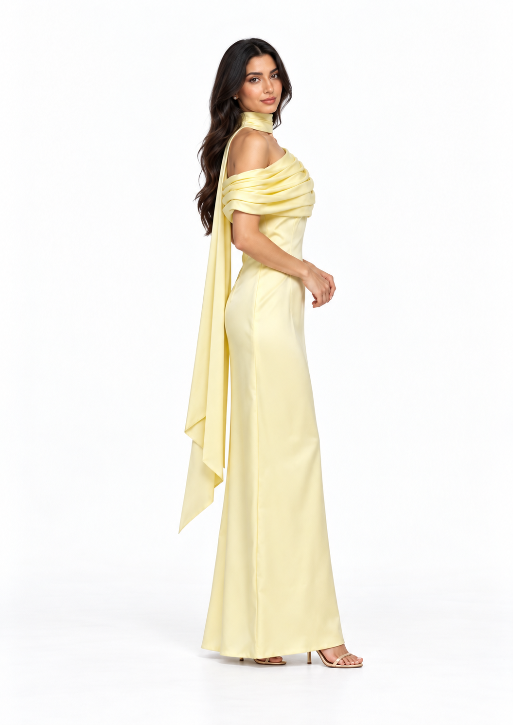 Draped Off-Shoulder Satin Evening Gown - Meravelle