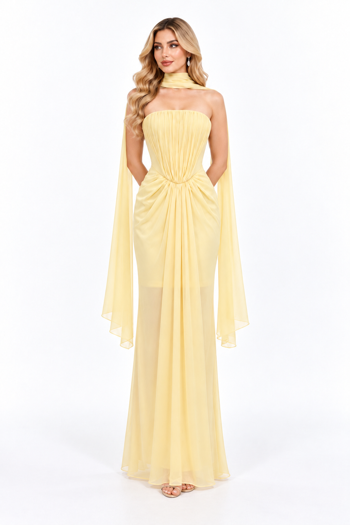 Pleated Draped Scarf Evening Gown - Solivene