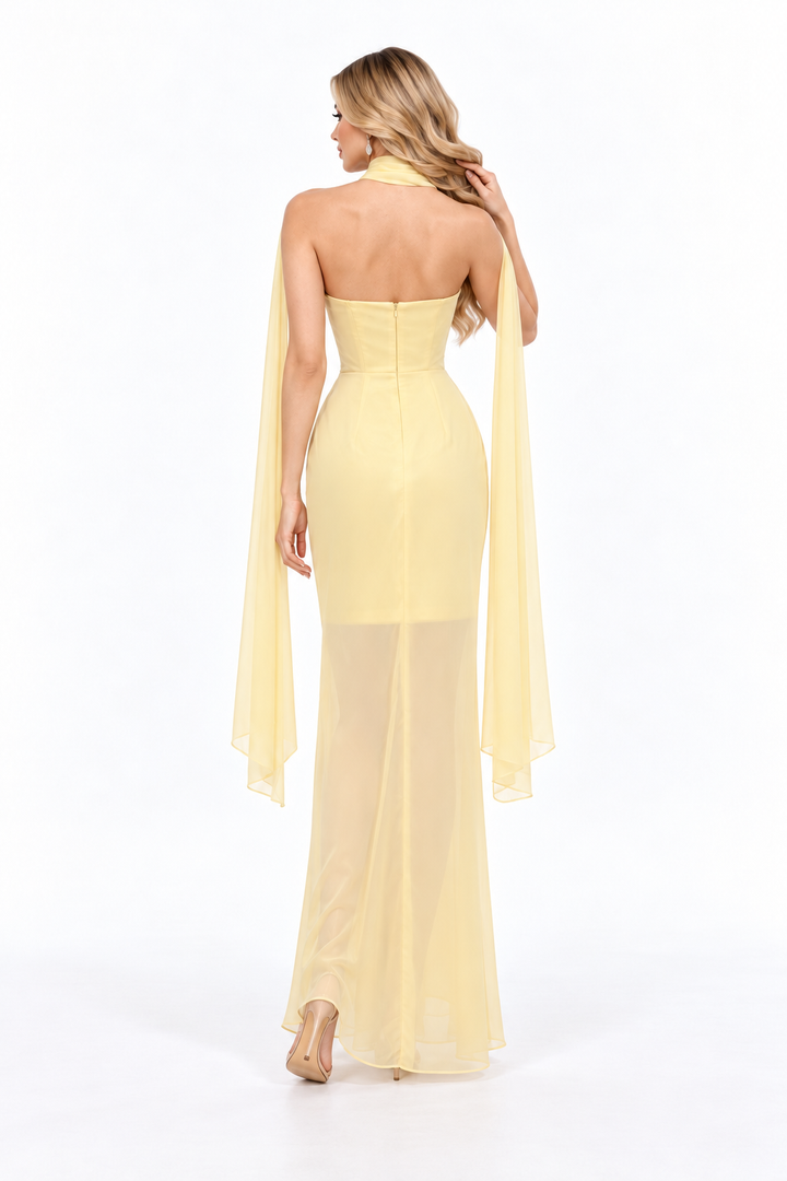 Pleated Draped Scarf Evening Gown - Solivene